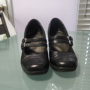 Black Leather Heels with Mary Jane Strap